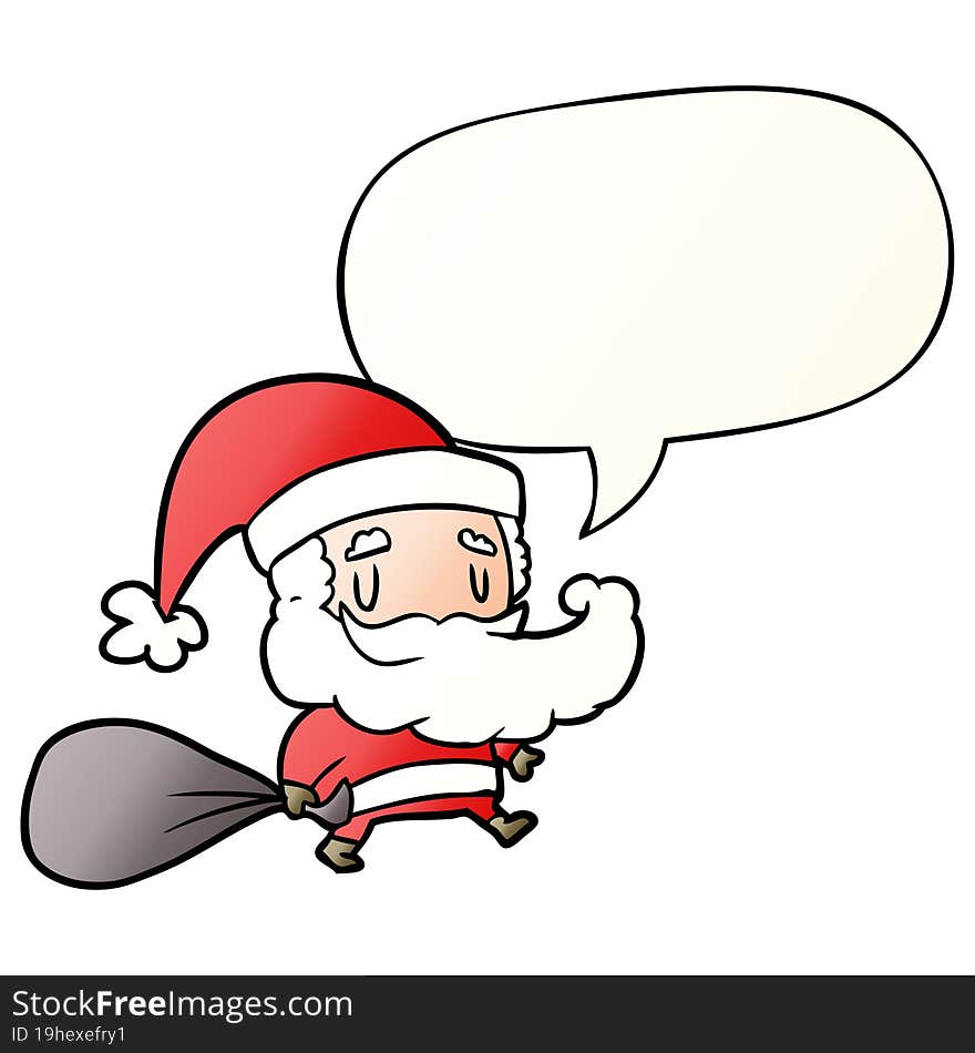 cartoon santa claus carrying sack of presents and speech bubble in smooth gradient style