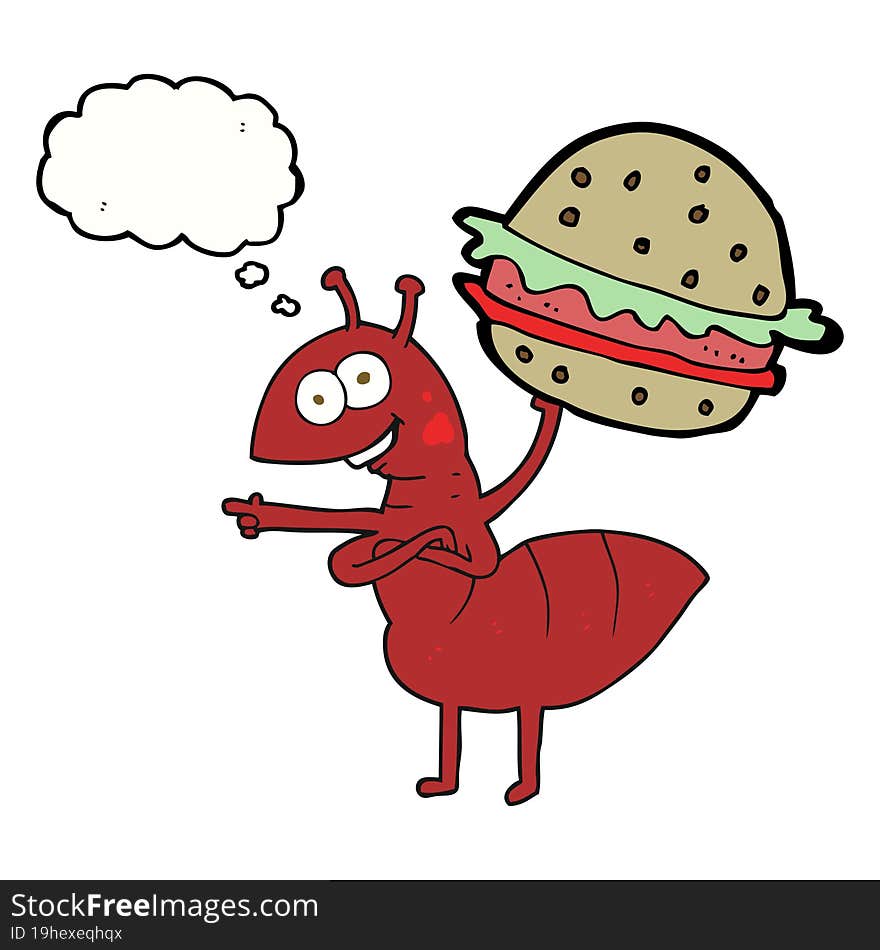 freehand drawn thought bubble cartoon ant carrying food