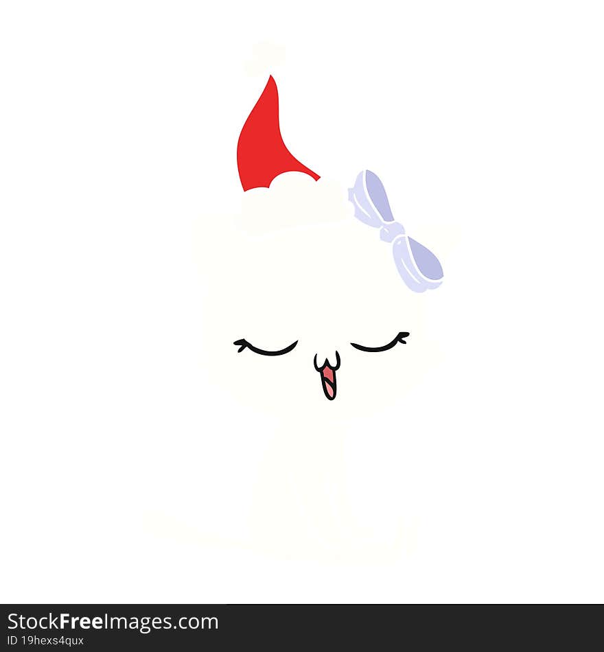 Flat Color Illustration Of A Cat With Bow On Head Wearing Santa Hat