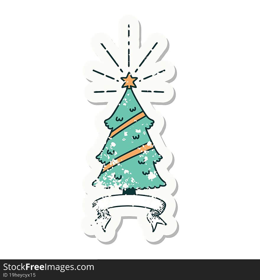 grunge sticker of tattoo style christmas tree with star