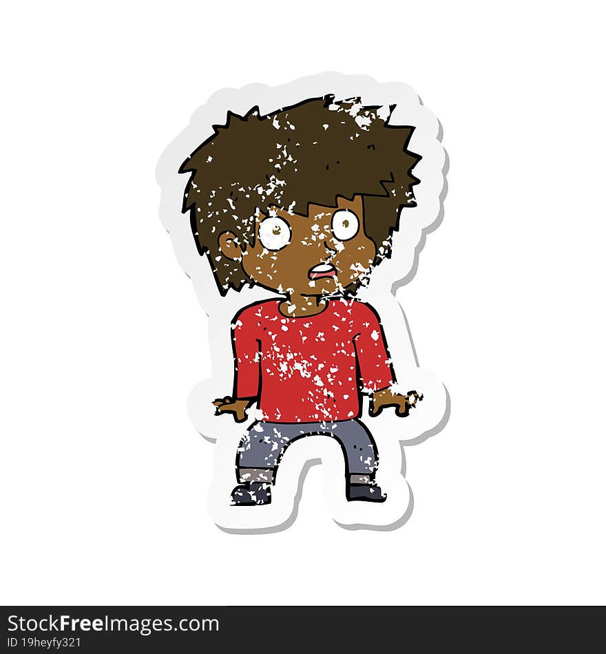 retro distressed sticker of a cartoon frightened boy