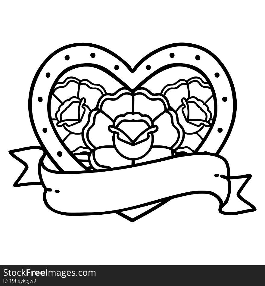 black line tattoo of a heart and banner with flowers