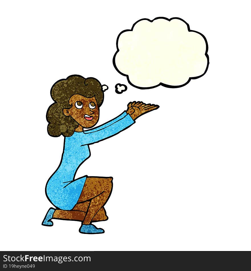 cartoon woman presentation gesture with thought bubble