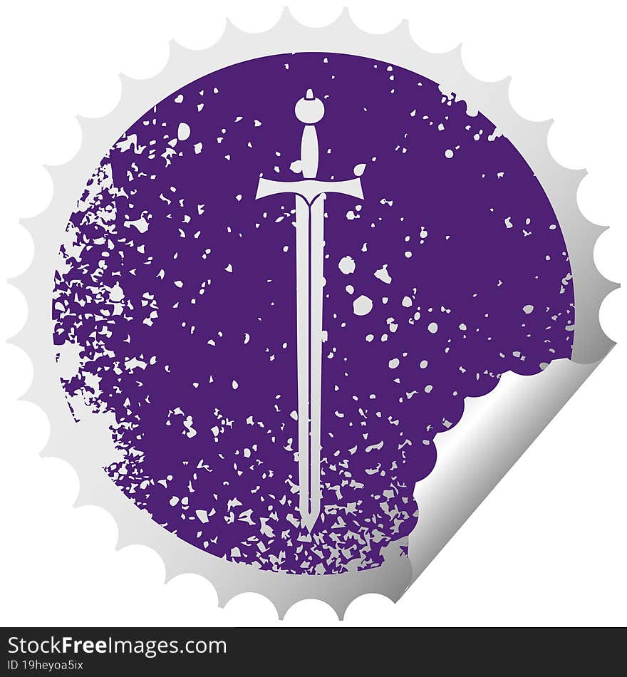 quirky distressed circular peeling sticker symbol sword