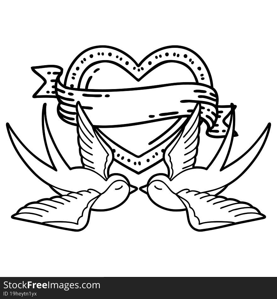 tattoo in black line style of swallows and a heart with banner. tattoo in black line style of swallows and a heart with banner