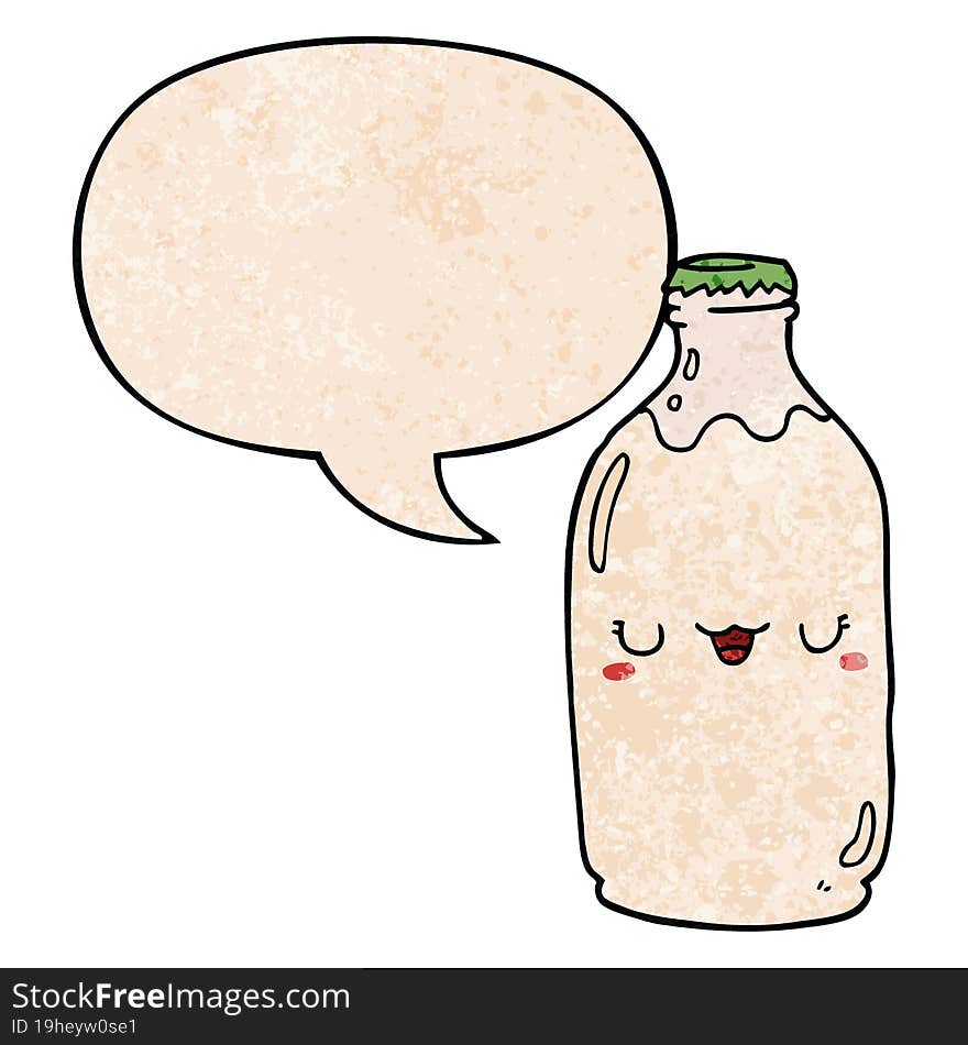 cute cartoon milk bottle and speech bubble in retro texture style