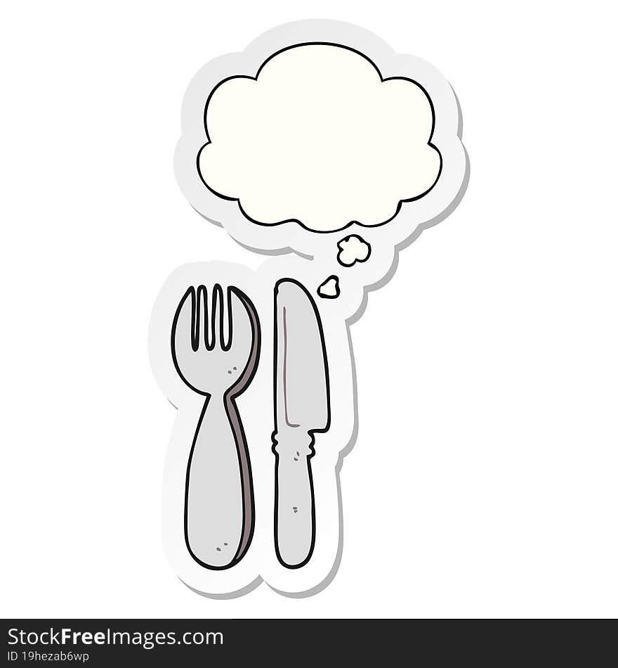 cartoon knife and fork with thought bubble as a printed sticker