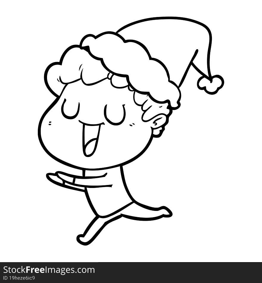 Laughing Line Drawing Of A Man Running Wearing Santa Hat