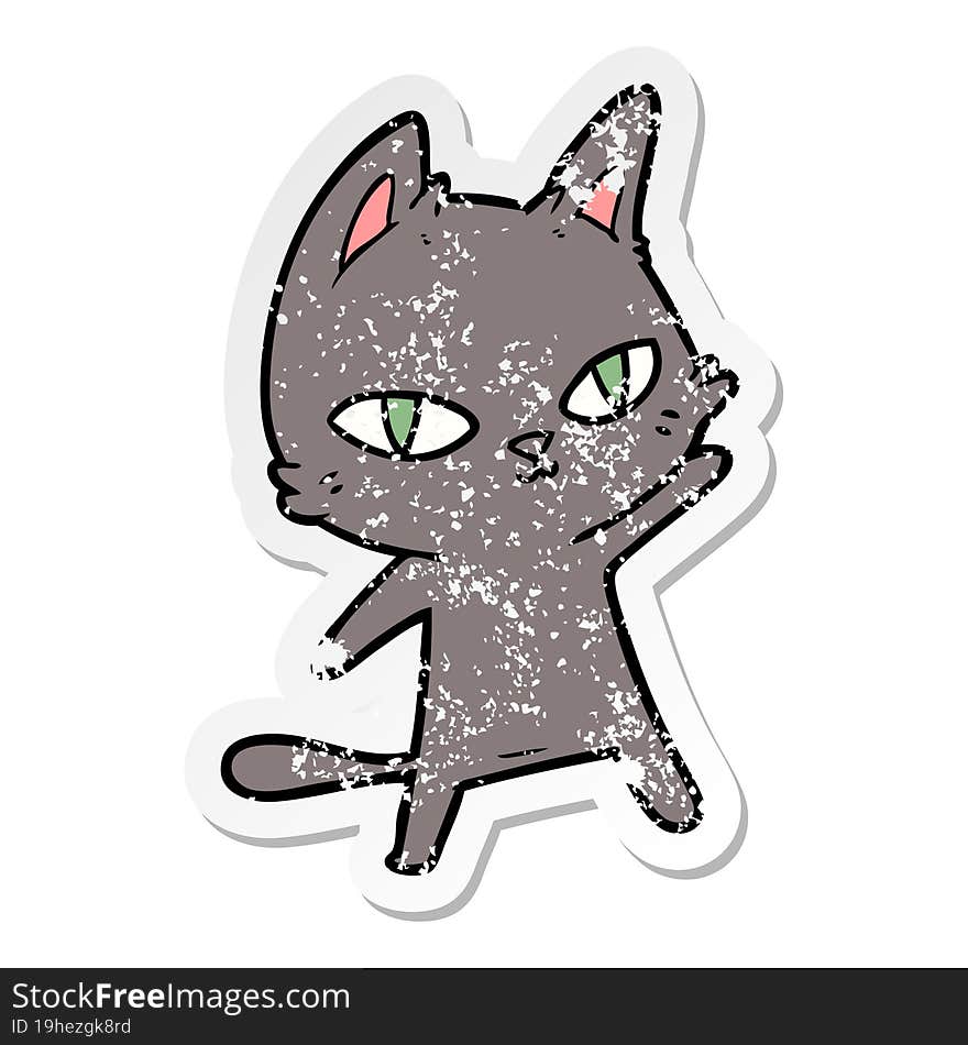 distressed sticker of a cartoon cat staring