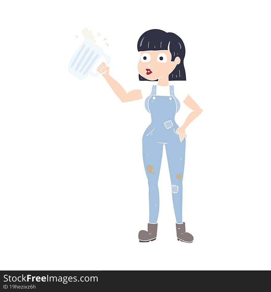 flat color illustration of a cartoon woman with beer