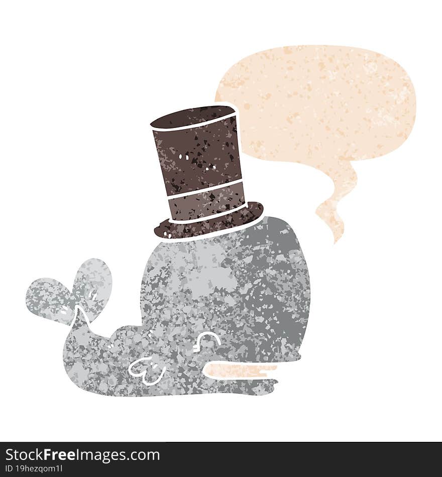 cartoon whale wearing top hat and speech bubble in retro textured style