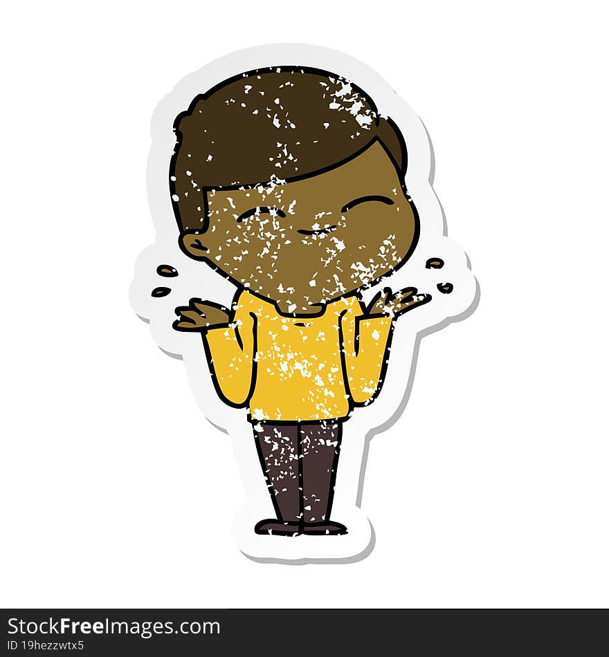 distressed sticker of a cartoon smiling boy shrugging shoulders