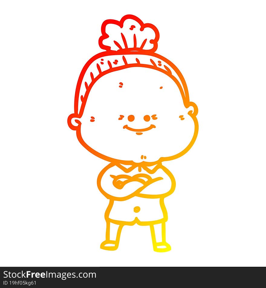 warm gradient line drawing of a cartoon happy old woman