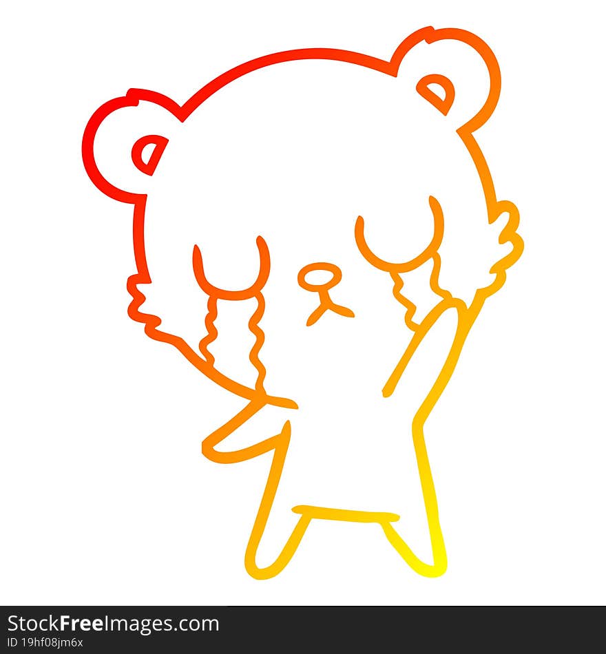 warm gradient line drawing crying cartoon bear waving