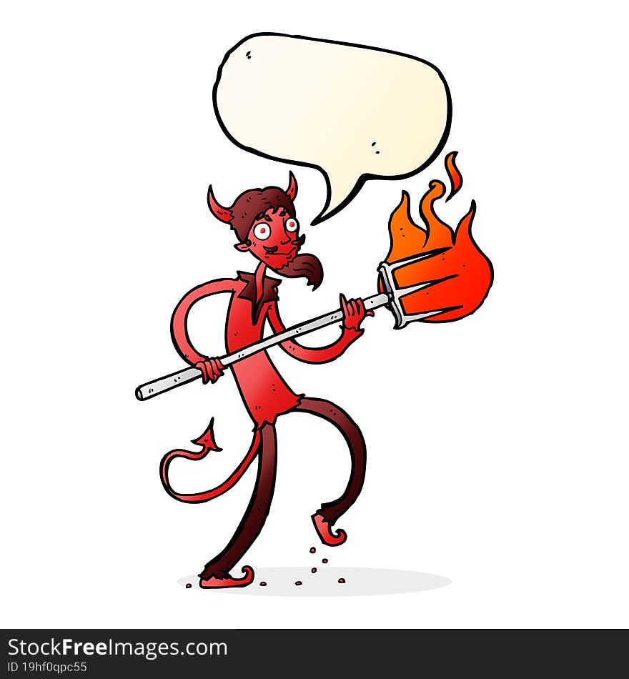 cartoon devil with pitchfork with speech bubble