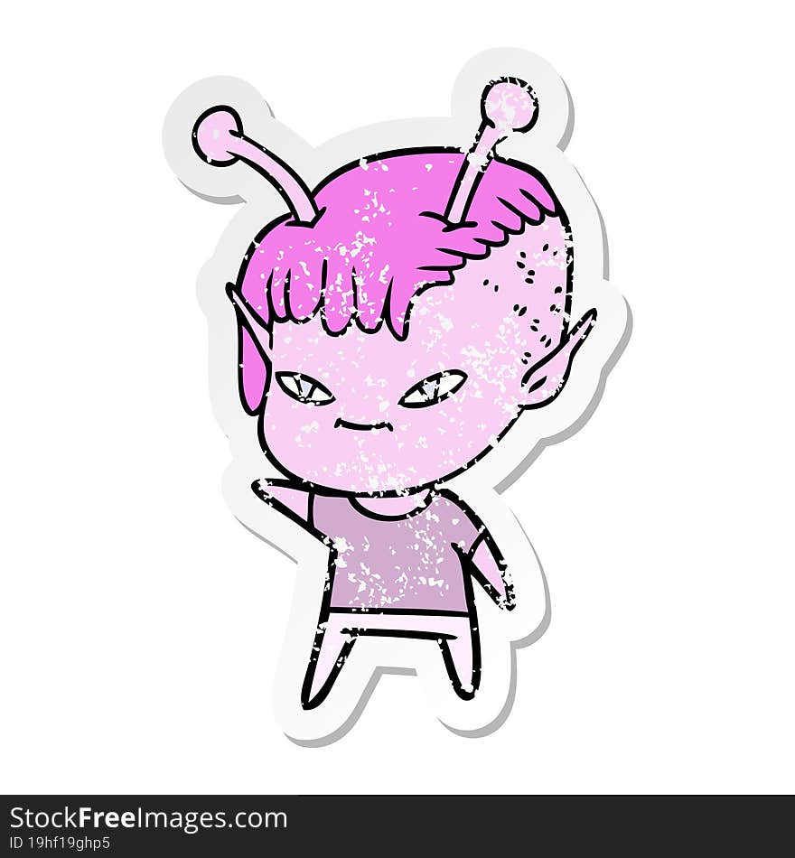 distressed sticker of a cute cartoon alien girl