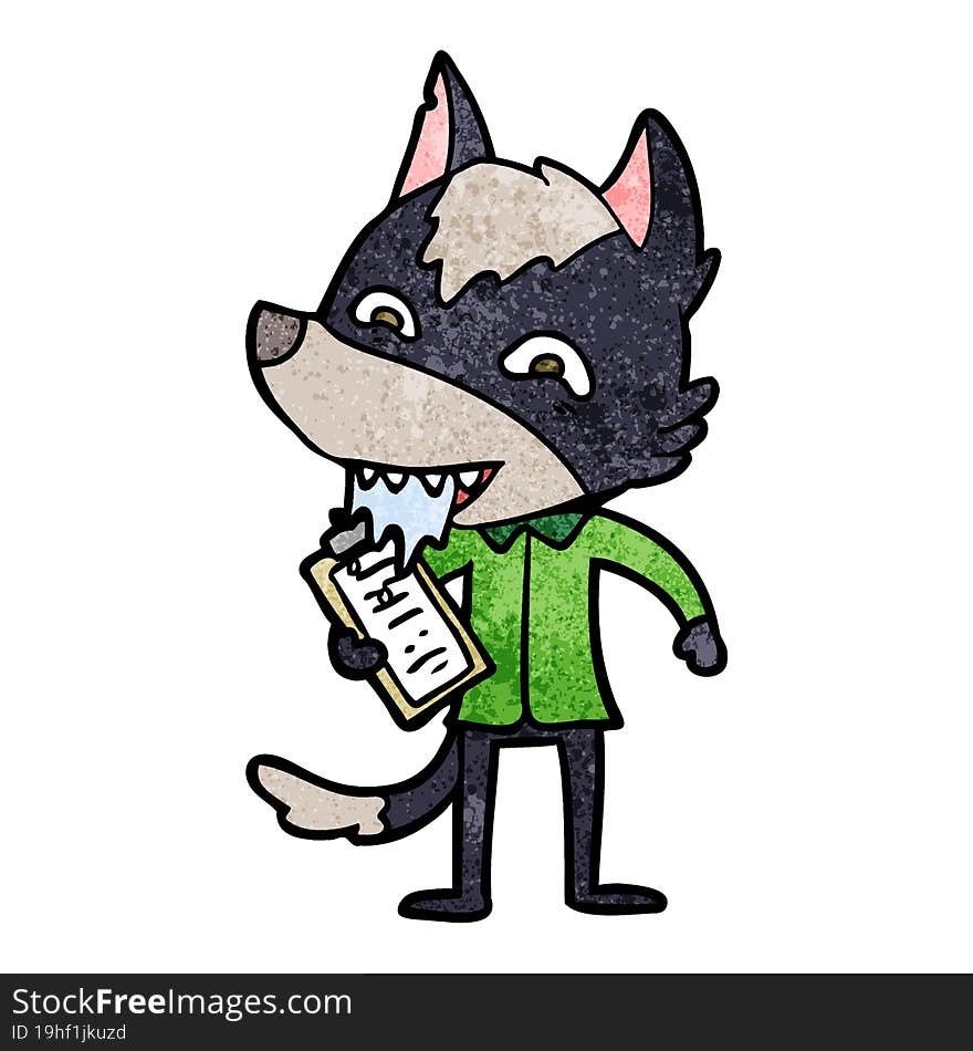 cartoon hungry wolf with clip board. cartoon hungry wolf with clip board