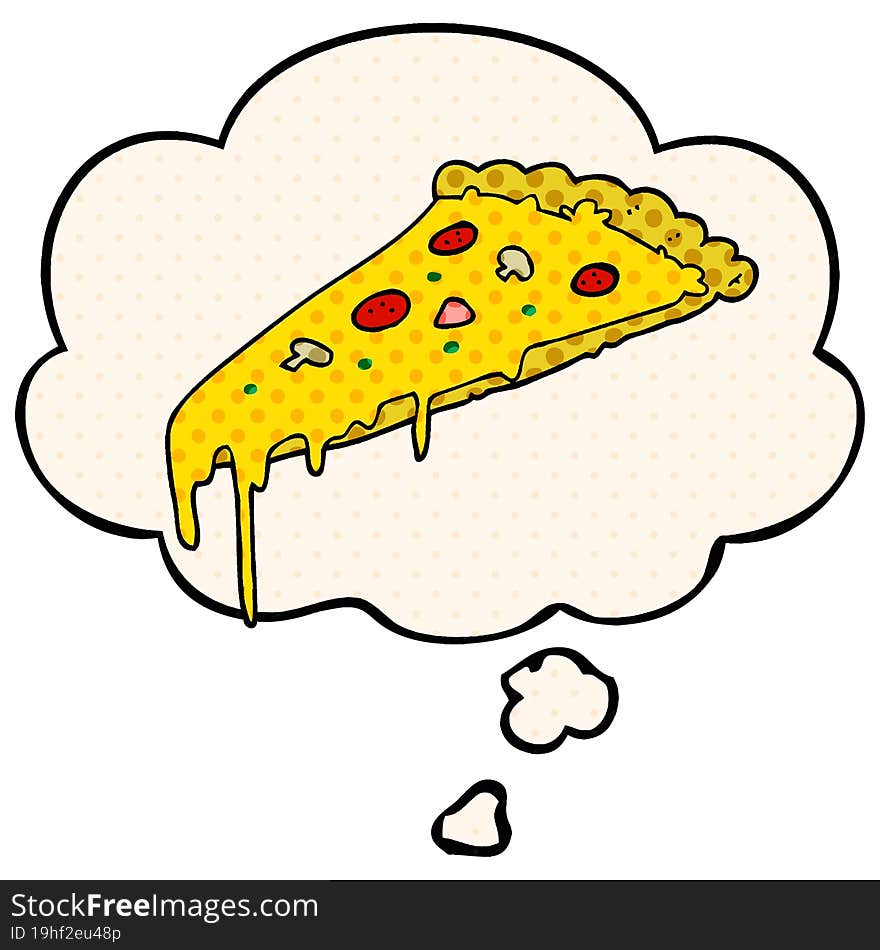 cartoon pizza slice and thought bubble in comic book style