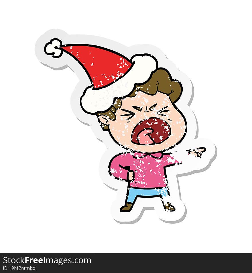 Distressed Sticker Cartoon Of A Furious Man Wearing Santa Hat