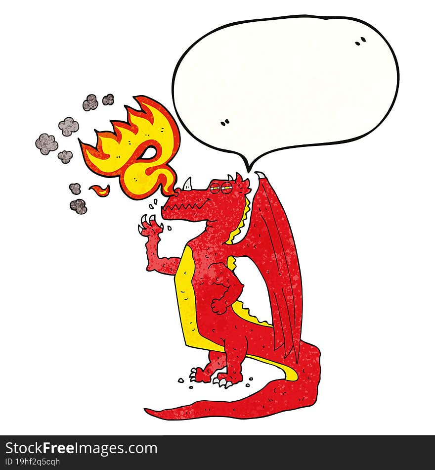 speech bubble textured cartoon happy dragon breathing fire