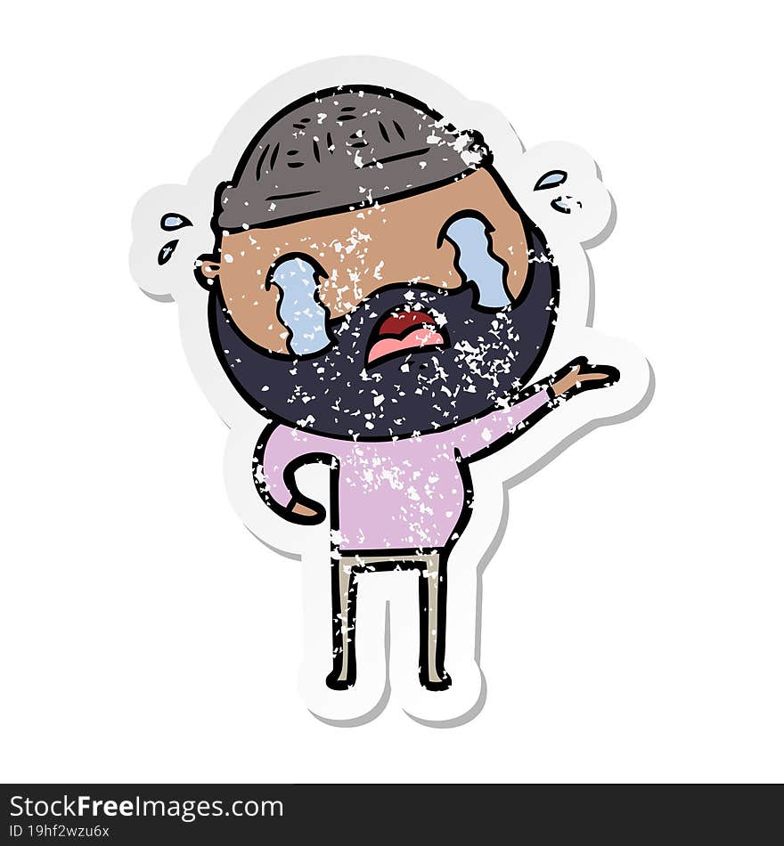 distressed sticker of a cartoon bearded man crying