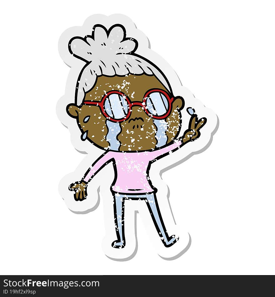 Distressed Sticker Of A Cartoon Crying Woman Wearing Spectacles