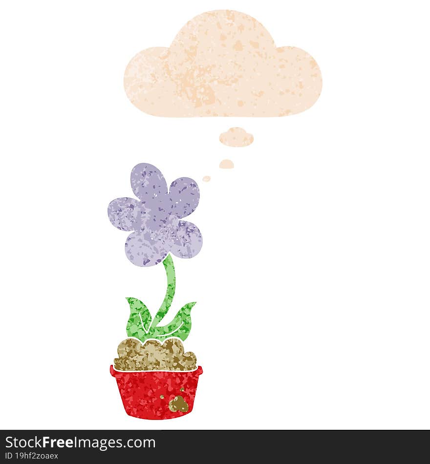 cute cartoon flower and thought bubble in retro textured style