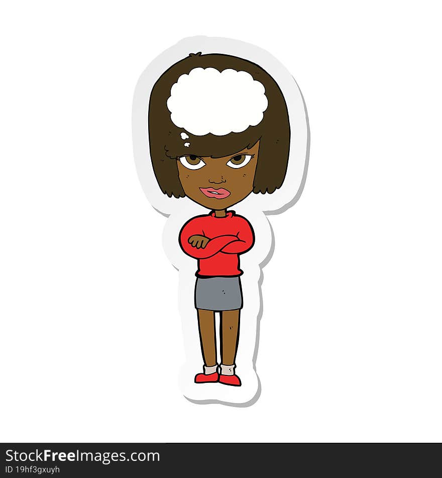 sticker of a cartoon woman with folded arms imagining