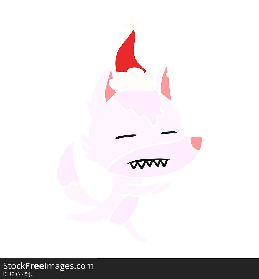 flat color illustration of a wolf showing teeth wearing santa hat