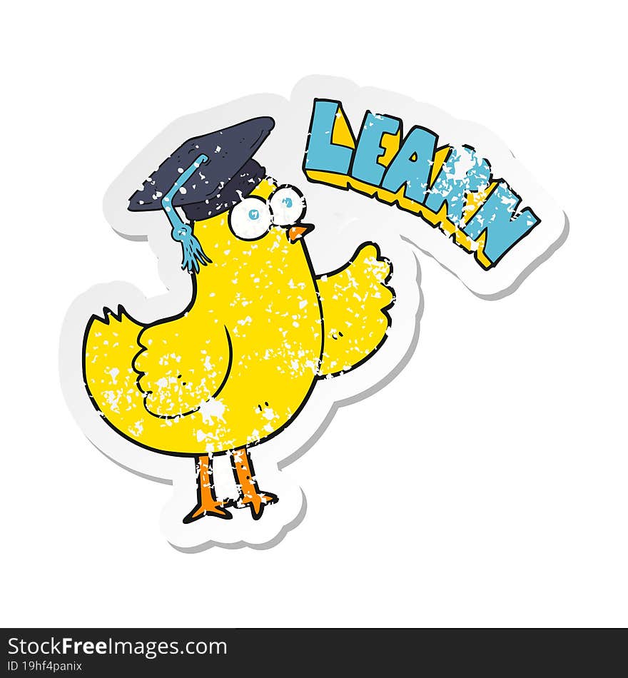 retro distressed sticker of a cartoon bird with learn text