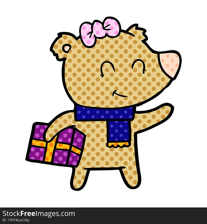 bear cartoon chraracter with present. bear cartoon chraracter with present