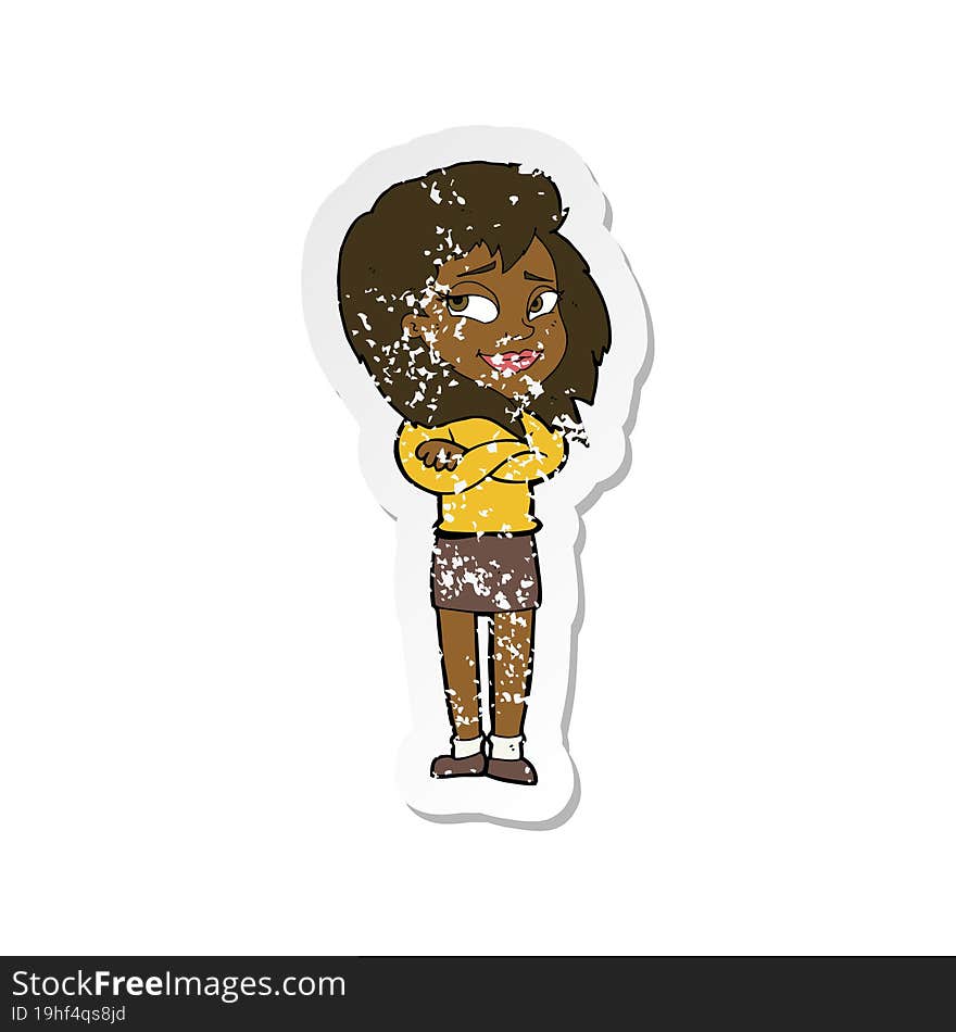 retro distressed sticker of a cartoon woman with crossed arms