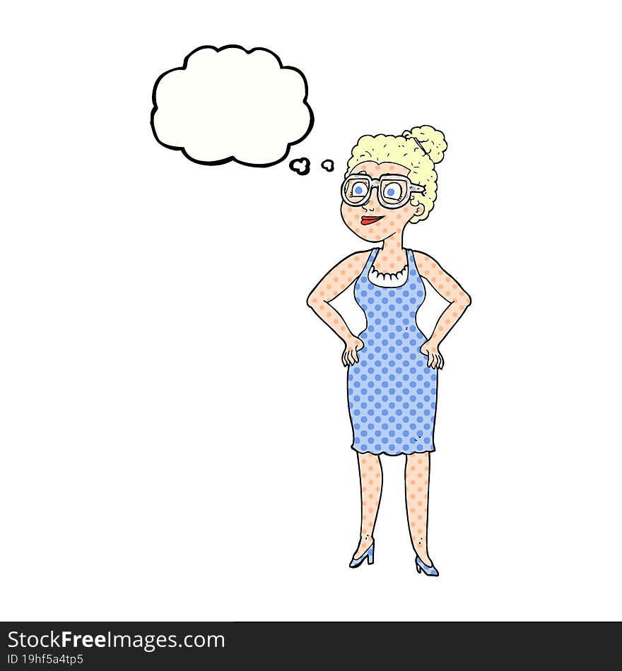 freehand drawn thought bubble cartoon woman wearing glasses