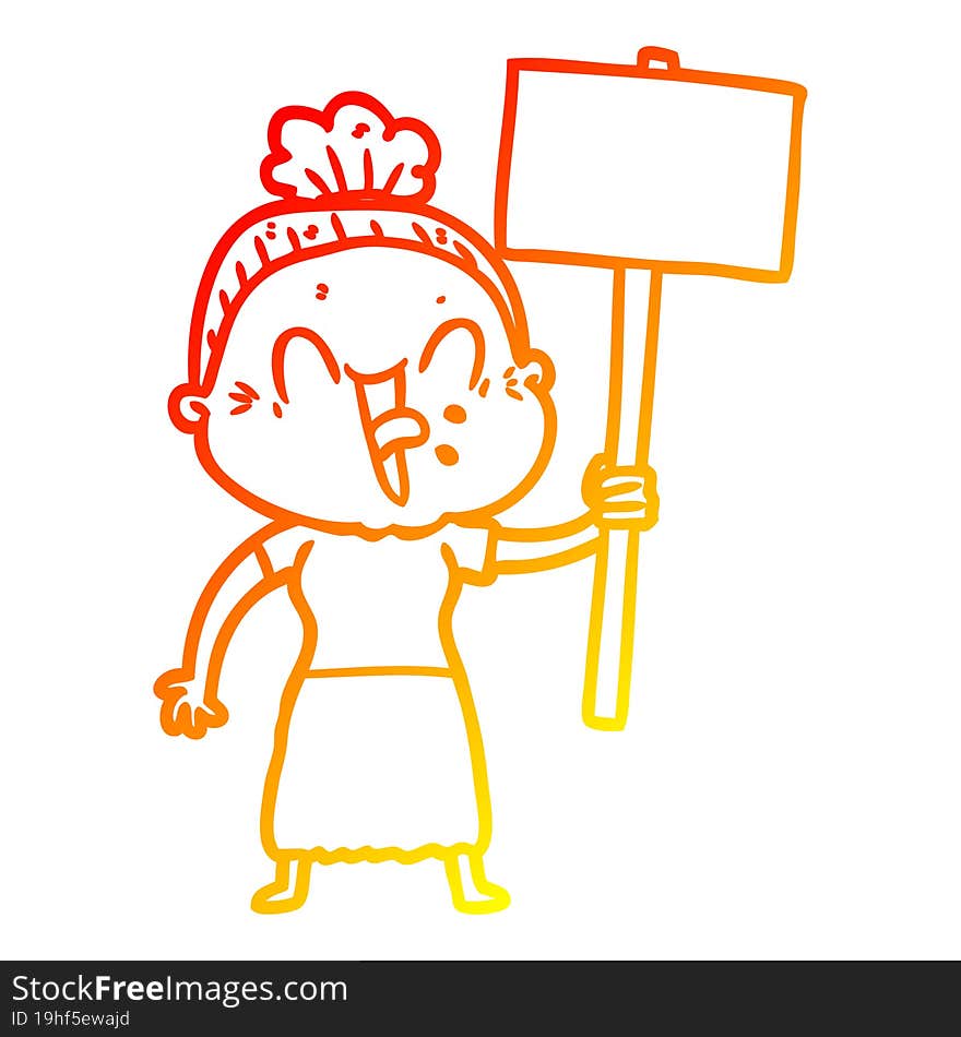 warm gradient line drawing of a cartoon happy old woman