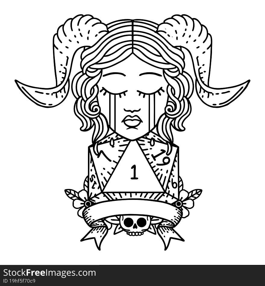 Black and White Tattoo linework Style crying tiefling with natural one D20 dice roll. Black and White Tattoo linework Style crying tiefling with natural one D20 dice roll