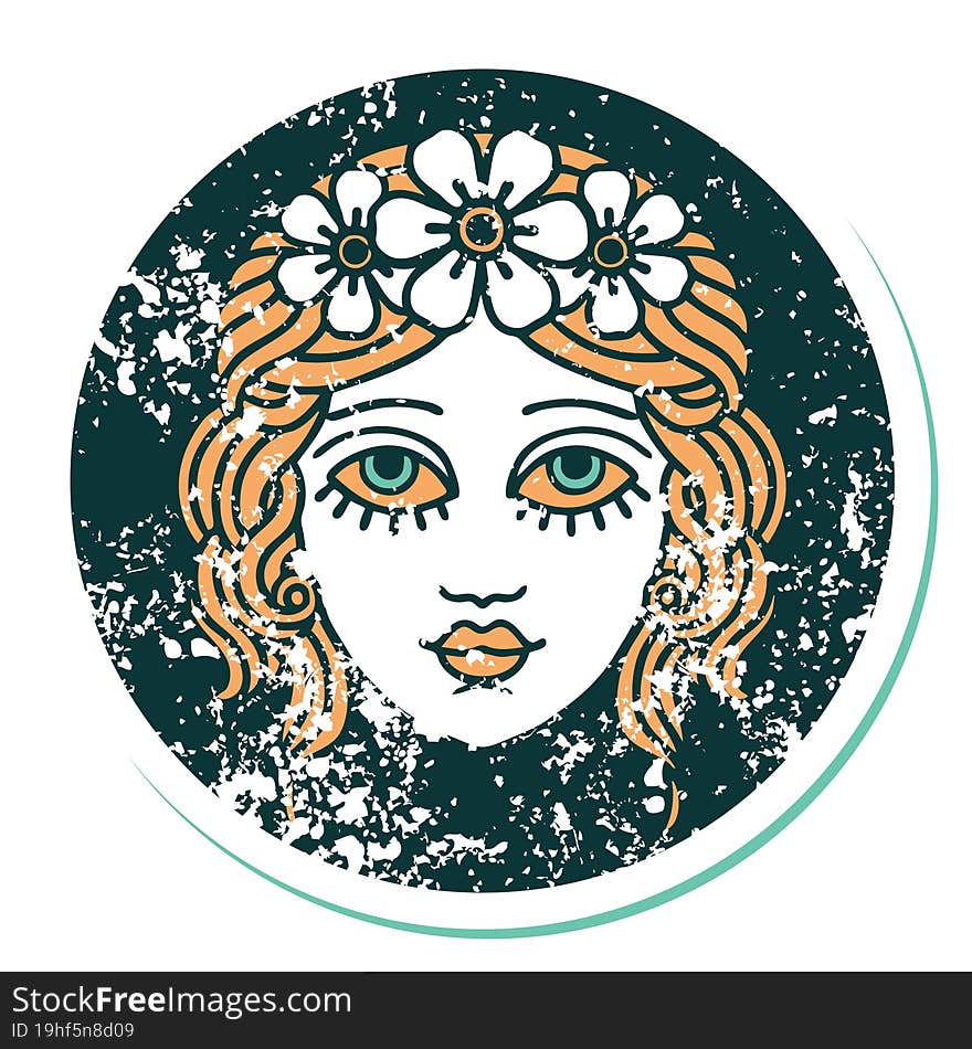 distressed sticker tattoo style icon of female face with crown of flowers