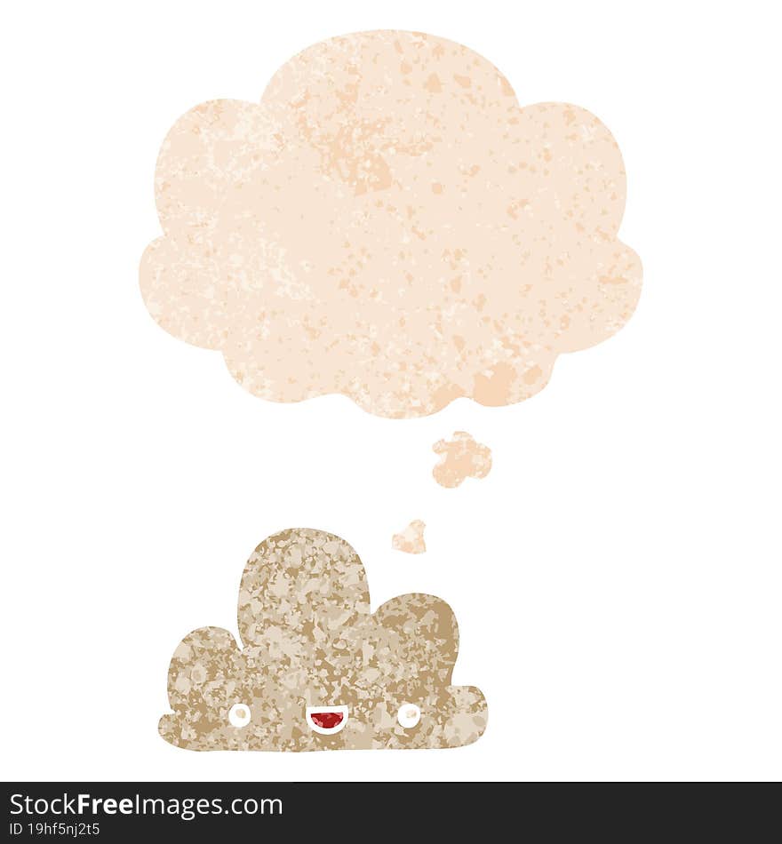 cartoon tiny happy cloud and thought bubble in retro textured style