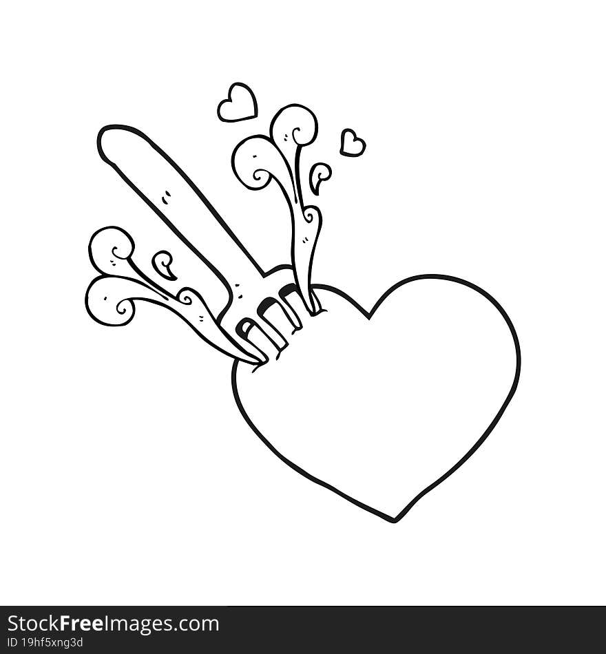 freehand drawn black and white cartoon fork in heart