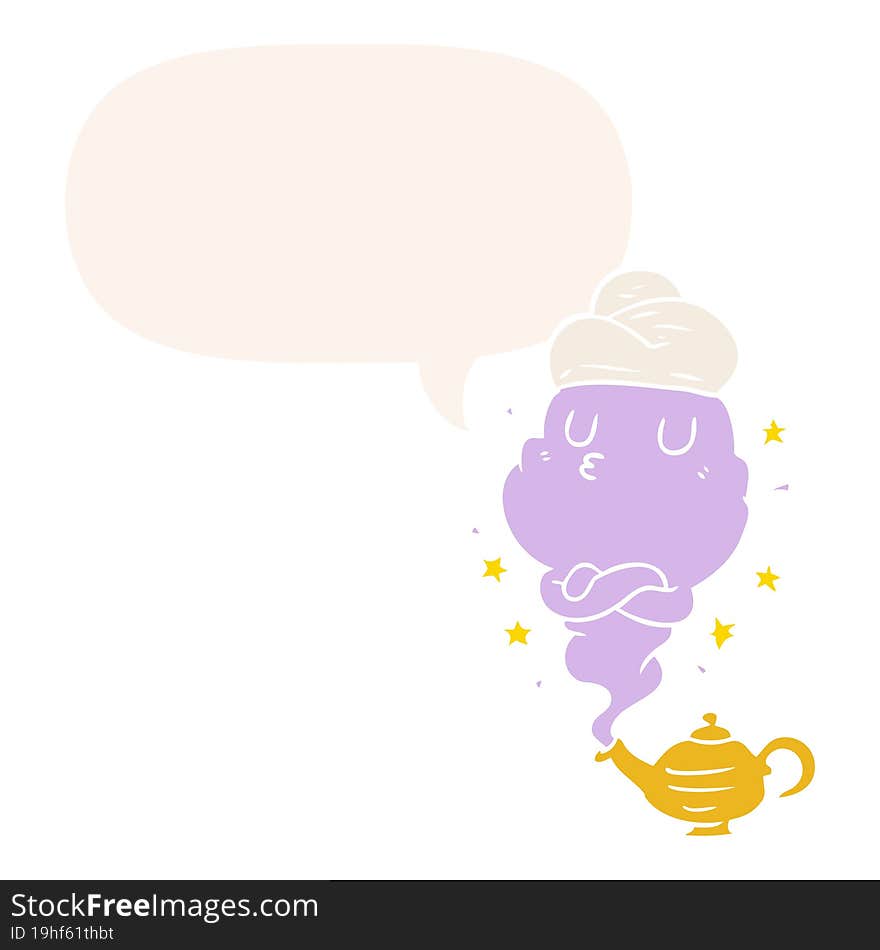 cute cartoon genie rising out of lamp with speech bubble in retro style