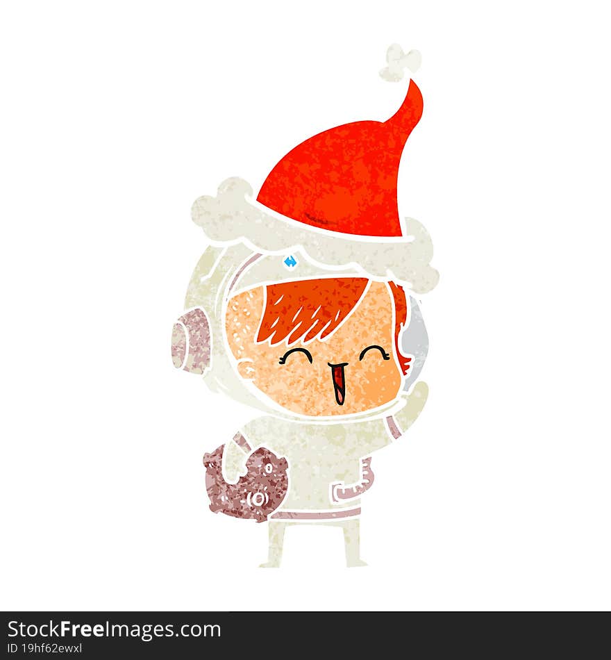 retro cartoon of a happy spacegirl holding moon rock wearing santa hat