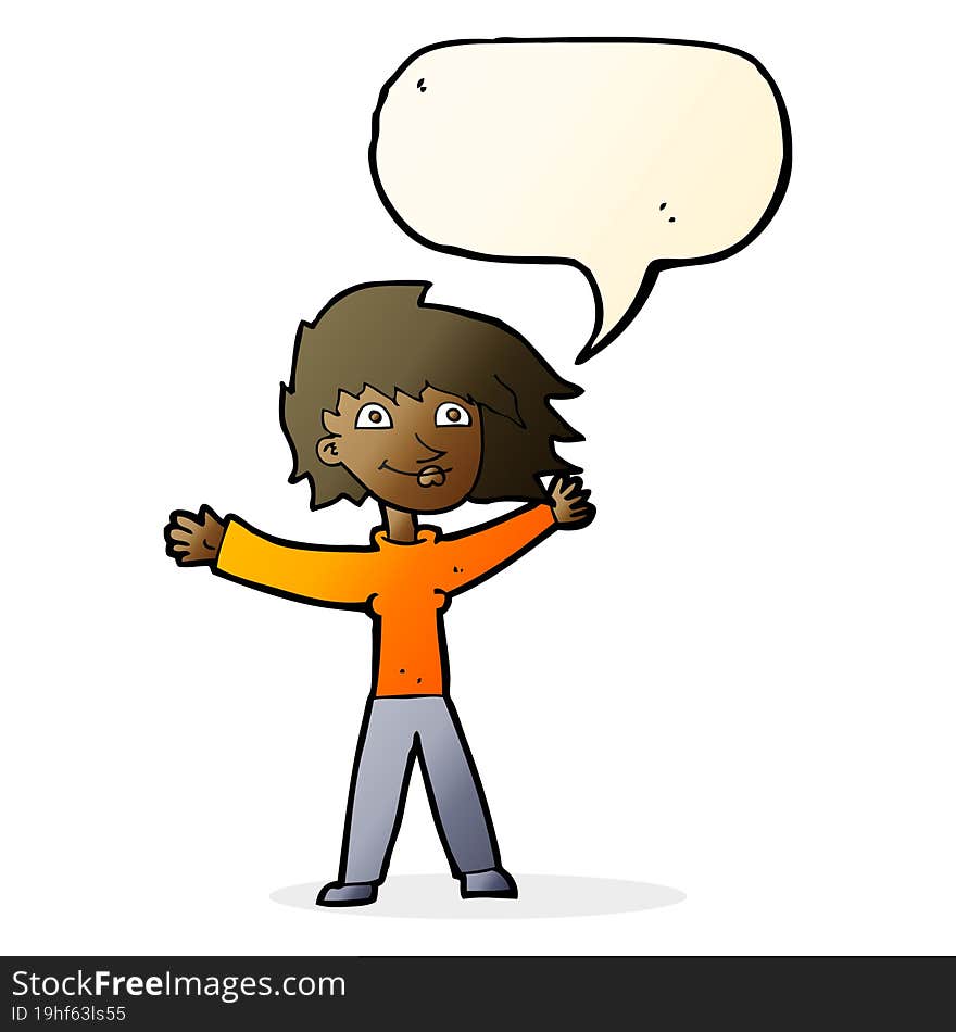 cartoon excited woman waving with speech bubble