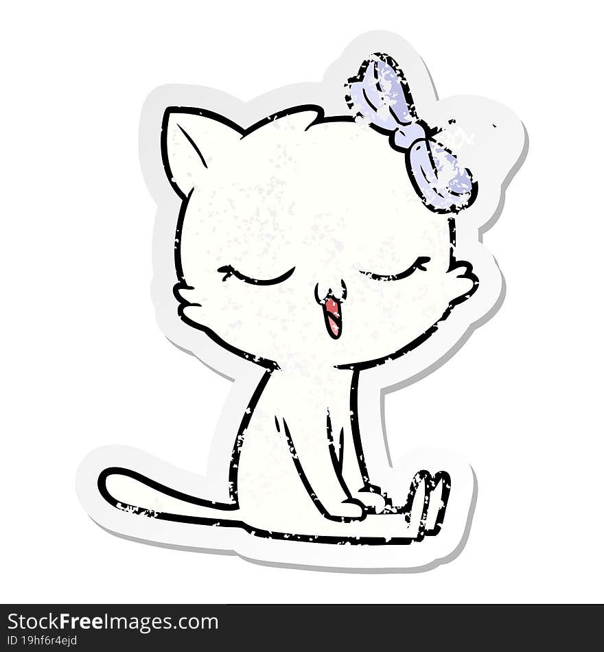 distressed sticker of a cartoon cat with bow on head