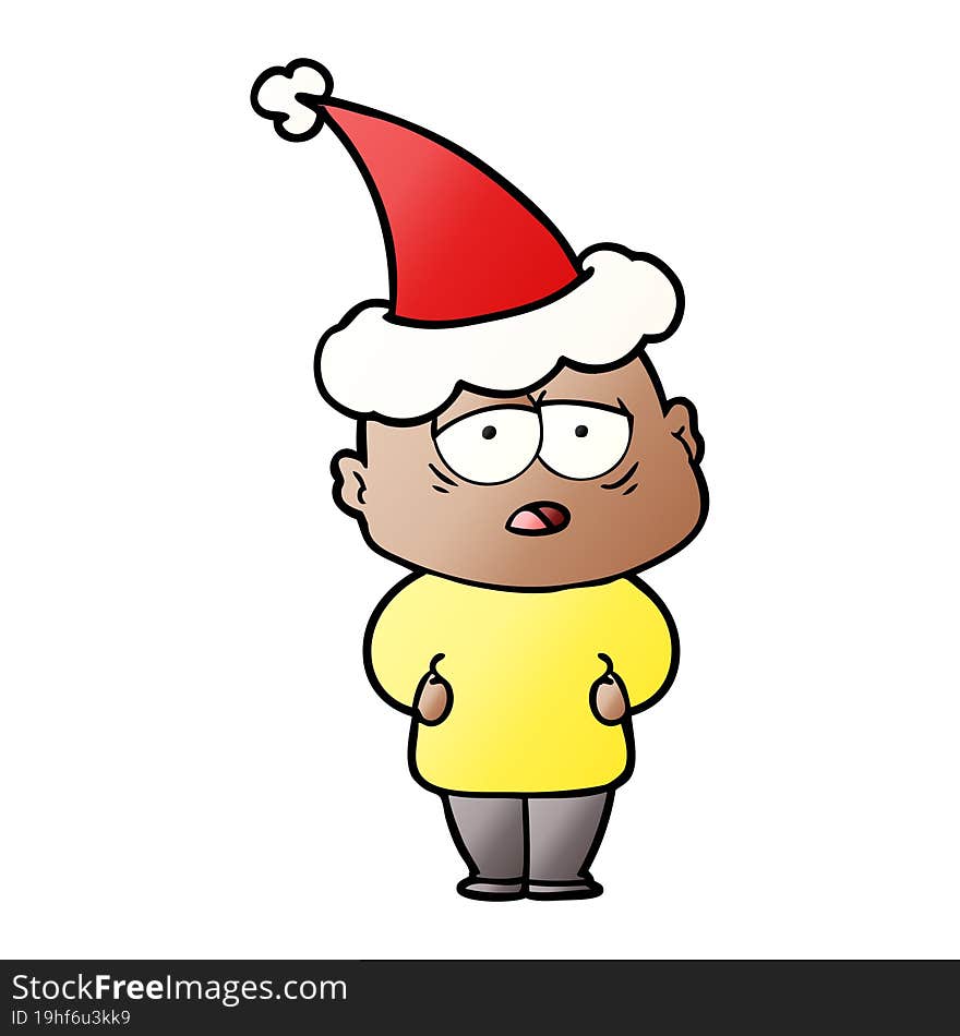 gradient cartoon of a tired bald man wearing santa hat