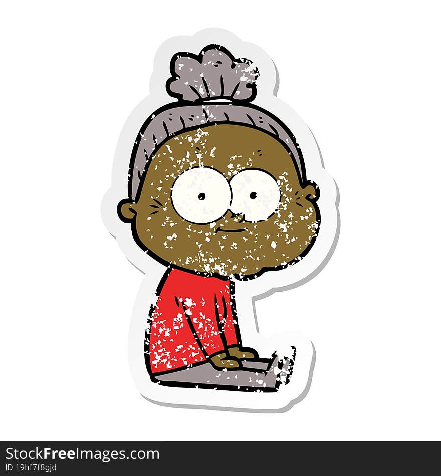 distressed sticker of a cartoon happy old woman