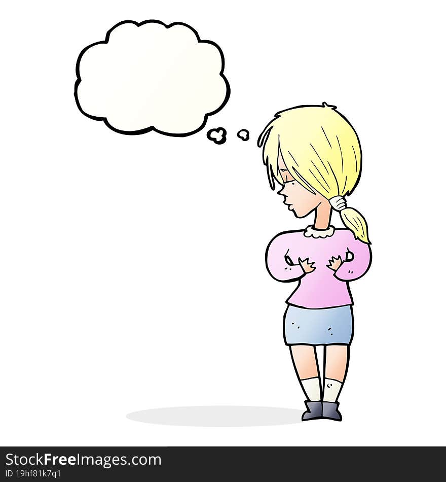 cartoon shy woman with thought bubble