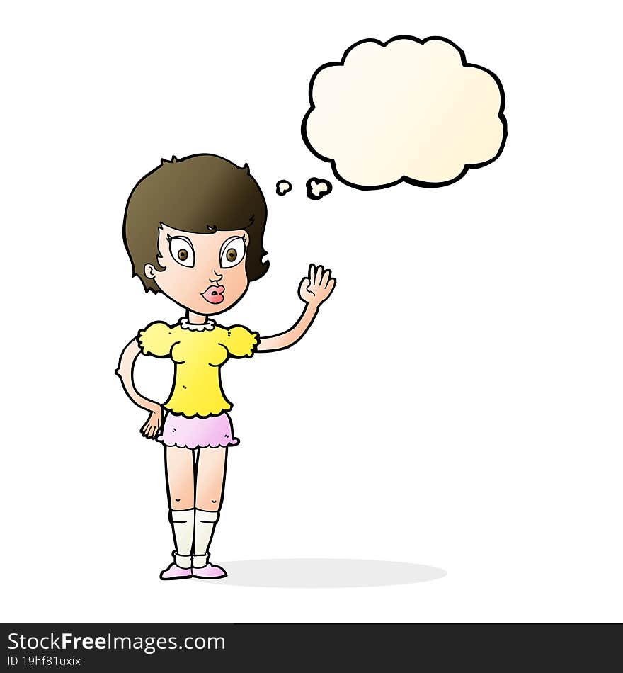 cartoon pretty girl waving with thought bubble