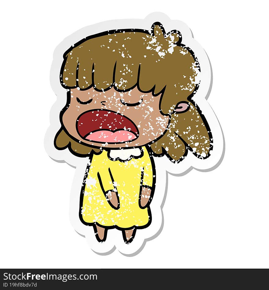 distressed sticker of a cartoon woman talking loudly