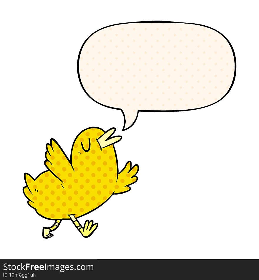 cartoon happy bird with speech bubble in comic book style