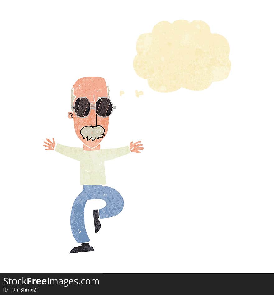 cartoon old man wearing big glasses with thought bubble