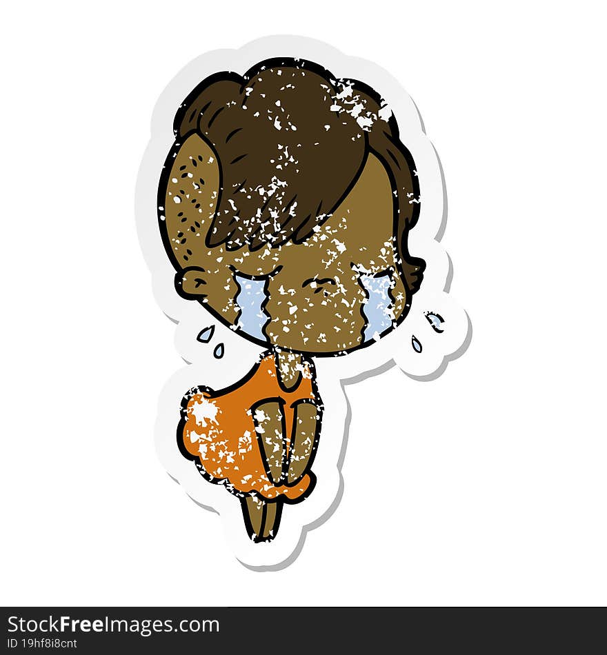 distressed sticker of a cartoon crying girl